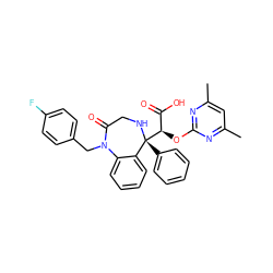 Cc1cc(C)nc(O[C@H](C(=O)O)[C@@]2(c3ccccc3)NCC(=O)N(Cc3ccc(F)cc3)c3ccccc32)n1 ZINC000026673563