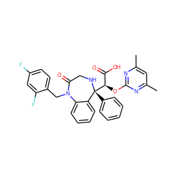 Cc1cc(C)nc(O[C@H](C(=O)O)[C@@]2(c3ccccc3)NCC(=O)N(Cc3ccc(F)cc3F)c3ccccc32)n1 ZINC000026665311