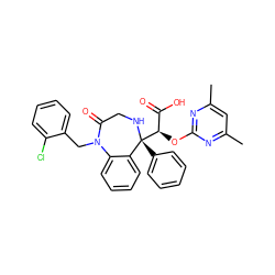 Cc1cc(C)nc(O[C@H](C(=O)O)[C@@]2(c3ccccc3)NCC(=O)N(Cc3ccccc3Cl)c3ccccc32)n1 ZINC000026667884