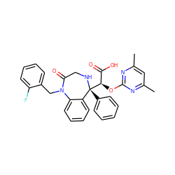 Cc1cc(C)nc(O[C@H](C(=O)O)[C@@]2(c3ccccc3)NCC(=O)N(Cc3ccccc3F)c3ccccc32)n1 ZINC000026672606