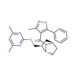 Cc1cc(C)nc(OC[C@H]2C[C@H]3CC[C@H]2N3C(=O)c2c(C)noc2-c2ccccc2)n1 ZINC000473180314