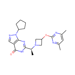 Cc1cc(C)nc(OC2CN([C@@H](C)c3nc4c(cnn4C4CCCC4)c(=O)[nH]3)C2)n1 ZINC001772655605