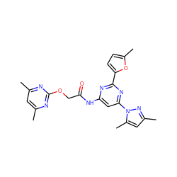 Cc1cc(C)nc(OCC(=O)Nc2cc(-n3nc(C)cc3C)nc(-c3ccc(C)o3)n2)n1 ZINC000029041708