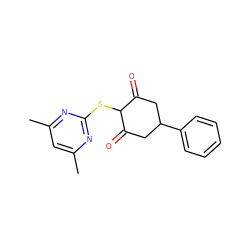 Cc1cc(C)nc(SC2C(=O)CC(c3ccccc3)CC2=O)n1 ZINC000299833487