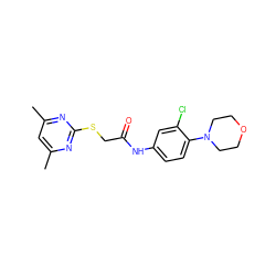 Cc1cc(C)nc(SCC(=O)Nc2ccc(N3CCOCC3)c(Cl)c2)n1 ZINC000004058171