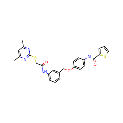 Cc1cc(C)nc(SCC(=O)Nc2cccc(COc3ccc(NC(=O)c4cccs4)cc3)c2)n1 ZINC001772642698