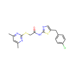 Cc1cc(C)nc(SCC(=O)Nc2ncc(Cc3ccc(Cl)cc3)s2)n1 ZINC000000818263