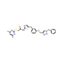 Cc1cc(C)nc(SCC(=O)Nc2ncc(Cc3cccc(OCc4cn(Cc5ccccc5)nn4)c3)s2)n1 ZINC000263621310