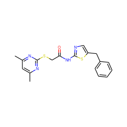 Cc1cc(C)nc(SCC(=O)Nc2ncc(Cc3ccccc3)s2)n1 ZINC000000818843