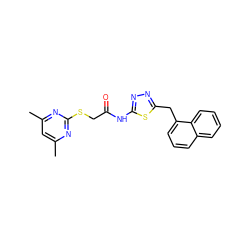 Cc1cc(C)nc(SCC(=O)Nc2nnc(Cc3cccc4ccccc34)s2)n1 ZINC000653707744