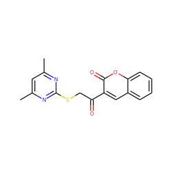 Cc1cc(C)nc(SCC(=O)c2cc3ccccc3oc2=O)n1 ZINC000000617100