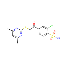 Cc1cc(C)nc(SCC(=O)c2ccc(S(N)(=O)=O)c(Cl)c2)n1 ZINC000095921108