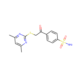 Cc1cc(C)nc(SCC(=O)c2ccc(S(N)(=O)=O)cc2)n1 ZINC000084616161