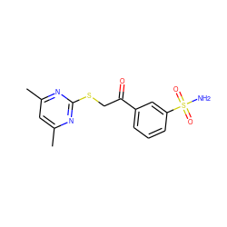 Cc1cc(C)nc(SCC(=O)c2cccc(S(N)(=O)=O)c2)n1 ZINC000096940241