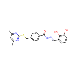 Cc1cc(C)nc(SCc2ccc(C(=O)N/N=C/c3cccc(O)c3O)cc2)n1 ZINC000003234418