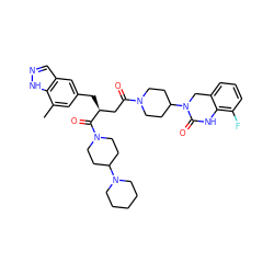 Cc1cc(C[C@@H](CC(=O)N2CCC(N3Cc4cccc(F)c4NC3=O)CC2)C(=O)N2CCC(N3CCCCC3)CC2)cc2cn[nH]c12 ZINC000084617725