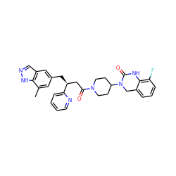 Cc1cc(C[C@@H](CC(=O)N2CCC(N3Cc4cccc(F)c4NC3=O)CC2)c2ccccn2)cc2cn[nH]c12 ZINC000084596554