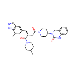 Cc1cc(C[C@@H](CC(=O)N2CCC(N3Cc4ccccc4NC3=O)CC2)C(=O)N2CCC(C)CC2)cc2cn[nH]c12 ZINC000084587729