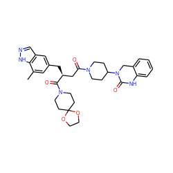 Cc1cc(C[C@@H](CC(=O)N2CCC(N3Cc4ccccc4NC3=O)CC2)C(=O)N2CCC3(CC2)OCCO3)cc2cn[nH]c12 ZINC000084596252