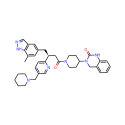 Cc1cc(C[C@@H](CC(=O)N2CCC(N3Cc4ccccc4NC3=O)CC2)c2ccc(CN3CCCCC3)cn2)cc2cn[nH]c12 ZINC000084614778