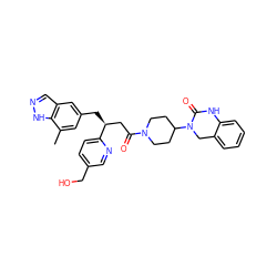 Cc1cc(C[C@@H](CC(=O)N2CCC(N3Cc4ccccc4NC3=O)CC2)c2ccc(CO)cn2)cc2cn[nH]c12 ZINC000084615583