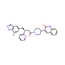 Cc1cc(C[C@@H](CC(=O)N2CCC(c3cc4ccccc4[nH]c3=O)CC2)c2ccccn2)cc2cn[nH]c12 ZINC000084614783