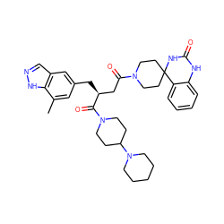 Cc1cc(C[C@@H](CC(=O)N2CCC3(CC2)NC(=O)Nc2ccccc23)C(=O)N2CCC(N3CCCCC3)CC2)cc2cn[nH]c12 ZINC000084617730