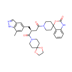 Cc1cc(C[C@@H](CC(=O)N2CCC3(CC2)OC(=O)Nc2ccccc23)C(=O)N2CCC3(CC2)OCCO3)cc2cn[nH]c12 ZINC000084596257