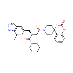 Cc1cc(C[C@@H](CC(=O)N2CCC3(CC2)OC(=O)Nc2ccccc23)C(=O)N2CCCCC2)cc2cn[nH]c12 ZINC000084587736