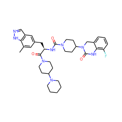 Cc1cc(C[C@@H](NC(=O)N2CCC(N3Cc4cccc(F)c4NC3=O)CC2)C(=O)N2CCC(N3CCCCC3)CC2)cc2cn[nH]c12 ZINC000049841136