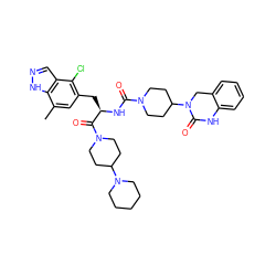 Cc1cc(C[C@@H](NC(=O)N2CCC(N3Cc4ccccc4NC3=O)CC2)C(=O)N2CCC(N3CCCCC3)CC2)c(Cl)c2cn[nH]c12 ZINC000095587874