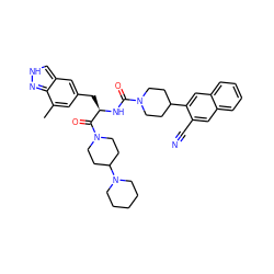 Cc1cc(C[C@@H](NC(=O)N2CCC(c3cc4ccccc4cc3C#N)CC2)C(=O)N2CCC(N3CCCCC3)CC2)cc2c[nH]nc12 ZINC000653708052