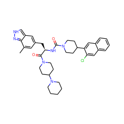 Cc1cc(C[C@@H](NC(=O)N2CCC(c3cc4ccccc4cc3Cl)CC2)C(=O)N2CCC(N3CCCCC3)CC2)cc2c[nH]nc12 ZINC000653708063