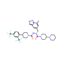 Cc1cc(C[C@@H](NC(=O)N2CCC(c3ccc(C(F)(F)F)cc3C(F)(F)F)CC2)C(=O)N2CCC(N3CCCCC3)CC2)cc2c[nH]nc12 ZINC000653711370