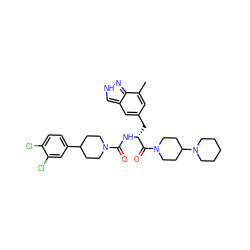 Cc1cc(C[C@@H](NC(=O)N2CCC(c3ccc(Cl)c(Cl)c3)CC2)C(=O)N2CCC(N3CCCCC3)CC2)cc2c[nH]nc12 ZINC000653711428