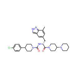 Cc1cc(C[C@@H](NC(=O)N2CCC(c3ccc(Cl)cc3)CC2)C(=O)N2CCC(N3CCCCC3)CC2)cc2c[nH]nc12 ZINC000653706795