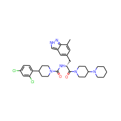 Cc1cc(C[C@@H](NC(=O)N2CCC(c3ccc(Cl)cc3Cl)CC2)C(=O)N2CCC(N3CCCCC3)CC2)cc2c[nH]nc12 ZINC000653710319