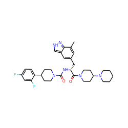 Cc1cc(C[C@@H](NC(=O)N2CCC(c3ccc(F)cc3F)CC2)C(=O)N2CCC(N3CCCCC3)CC2)cc2c[nH]nc12 ZINC000653708996