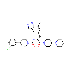 Cc1cc(C[C@@H](NC(=O)N2CCC(c3cccc(Cl)c3)CC2)C(=O)N2CCC(N3CCCCC3)CC2)cc2c[nH]nc12 ZINC000653706357