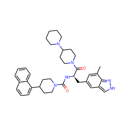 Cc1cc(C[C@@H](NC(=O)N2CCC(c3cccc4ccccc34)CC2)C(=O)N2CCC(N3CCCCC3)CC2)cc2c[nH]nc12 ZINC000653711533