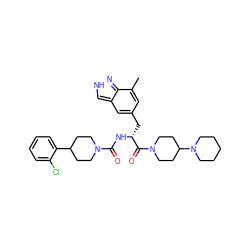 Cc1cc(C[C@@H](NC(=O)N2CCC(c3ccccc3Cl)CC2)C(=O)N2CCC(N3CCCCC3)CC2)cc2c[nH]nc12 ZINC000653704246