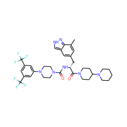Cc1cc(C[C@@H](NC(=O)N2CCN(c3cc(C(F)(F)F)cc(C(F)(F)F)c3)CC2)C(=O)N2CCC(N3CCCCC3)CC2)cc2c[nH]nc12 ZINC000653704189