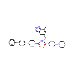 Cc1cc(C[C@@H](NC(=O)N2CCN(c3ccc(-c4ccccc4)cc3)CC2)C(=O)N2CCC(N3CCCCC3)CC2)cc2c[nH]nc12 ZINC000653708012