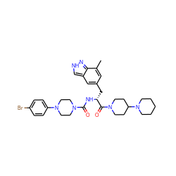 Cc1cc(C[C@@H](NC(=O)N2CCN(c3ccc(Br)cc3)CC2)C(=O)N2CCC(N3CCCCC3)CC2)cc2c[nH]nc12 ZINC000653706358