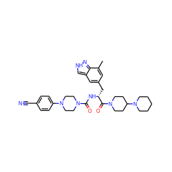 Cc1cc(C[C@@H](NC(=O)N2CCN(c3ccc(C#N)cc3)CC2)C(=O)N2CCC(N3CCCCC3)CC2)cc2c[nH]nc12 ZINC000653706319