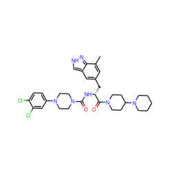 Cc1cc(C[C@@H](NC(=O)N2CCN(c3ccc(Cl)c(Cl)c3)CC2)C(=O)N2CCC(N3CCCCC3)CC2)cc2c[nH]nc12 ZINC000653706302