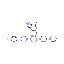 Cc1cc(C[C@@H](NC(=O)N2CCN(c3ccc(Cl)cc3)CC2)C(=O)N2CCC(N3CCCCC3)CC2)cc2c[nH]nc12 ZINC000653704233