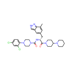 Cc1cc(C[C@@H](NC(=O)N2CCN(c3ccc(Cl)cc3Cl)CC2)C(=O)N2CCC(N3CCCCC3)CC2)cc2c[nH]nc12 ZINC000653706308