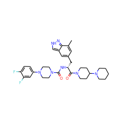 Cc1cc(C[C@@H](NC(=O)N2CCN(c3ccc(F)c(F)c3)CC2)C(=O)N2CCC(N3CCCCC3)CC2)cc2c[nH]nc12 ZINC000653706356