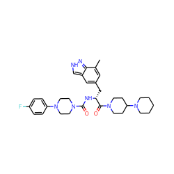 Cc1cc(C[C@@H](NC(=O)N2CCN(c3ccc(F)cc3)CC2)C(=O)N2CCC(N3CCCCC3)CC2)cc2c[nH]nc12 ZINC000653706315